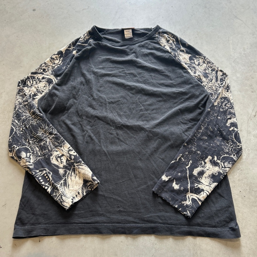 Aces & Eights Long Sleeve Skull Dragon Graphic Raglan Tee Black Cream Large